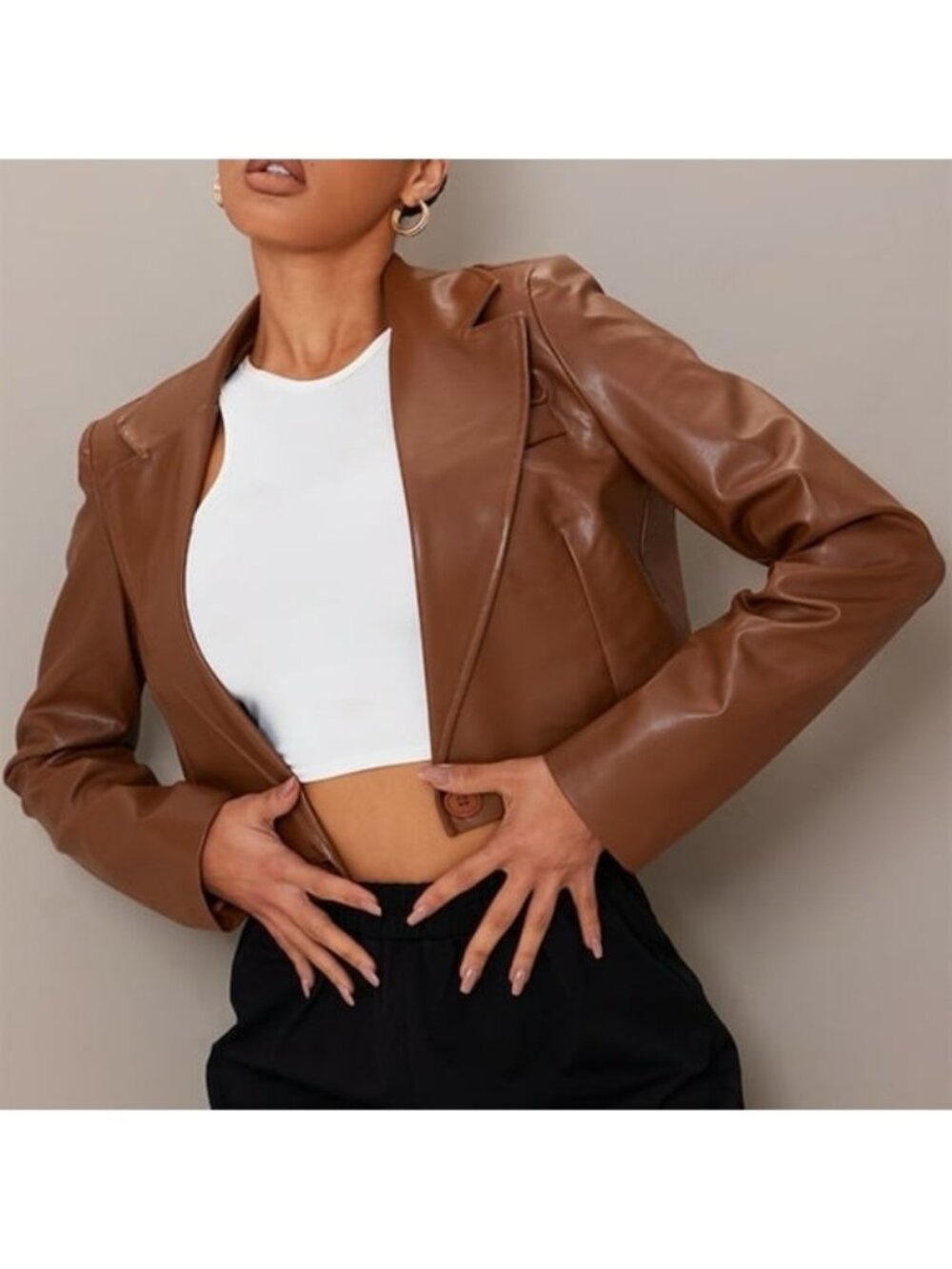 PrettyLittleThing Cropped Faux Leather Blazer Brown Size 0